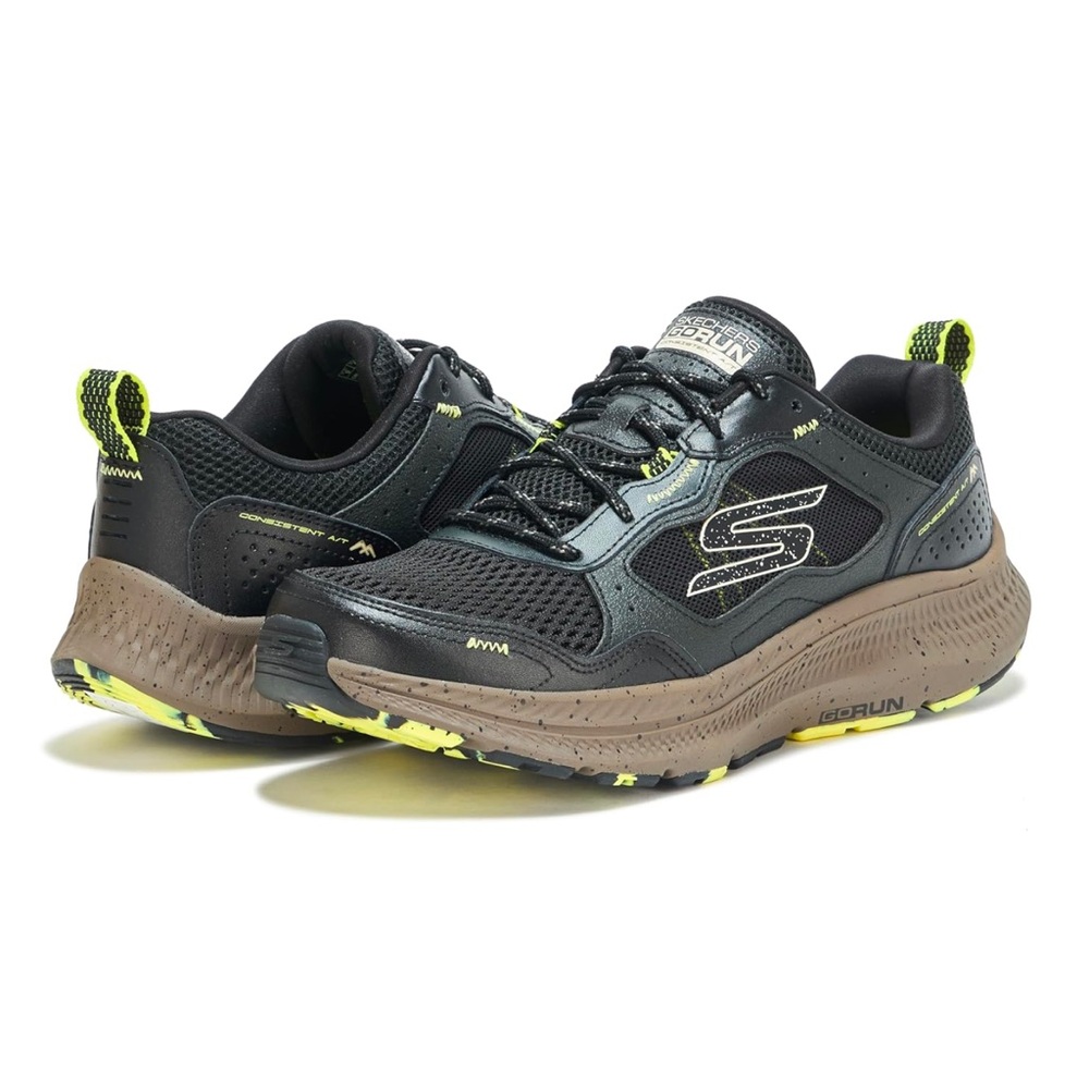 Skechers Black and Brown Athletic Shoes with Neon Accents